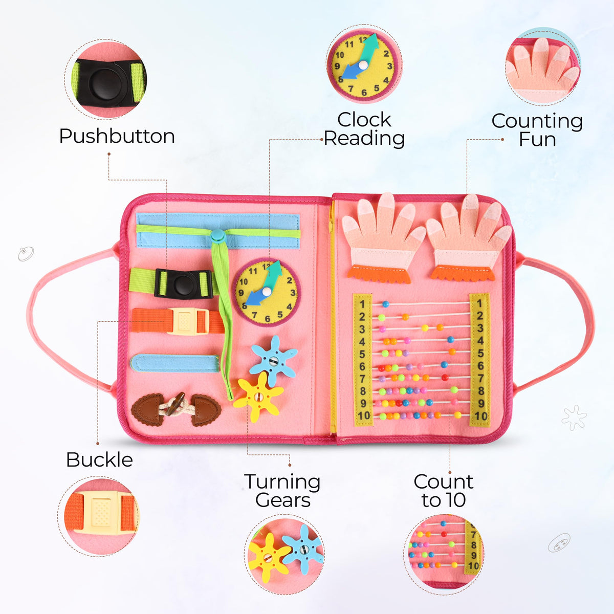 JAGSYJOY Montessori Busy Board Book, Toddlers, Sensory Activities and Preschool Learning - Toy for Home, Airplane and Car Travel (Pink)