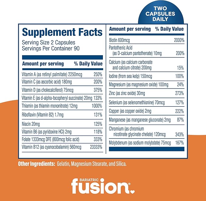 Bariatric Fusion Bariatric Multivitamin Without Iron | Post Bariatric Surgery Patients | Iron Free Bariatric Vitamin for Gastric Bypass and Sleeve Gastrectomy | 180 Capsules | 3 Month Supply