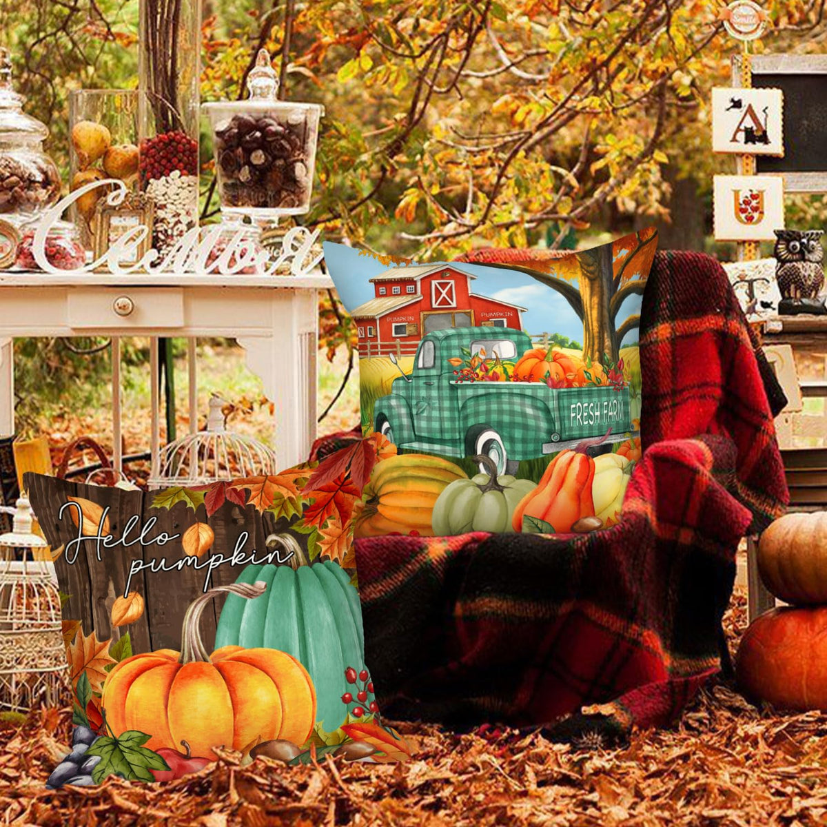 Ywlake 18x18 Fall Pillow Covers Set of 4, Pumpkin Gnomes Decorative Holiday Pillow Case 18 Inch Autumn Cushion Covers Thanksgiving Pillowcase for Indoor Home Bedroom Couch Sofa Decor