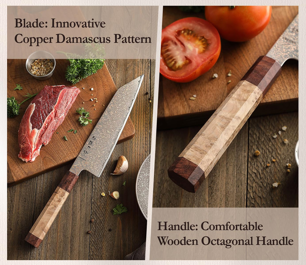 HEZHEN Kiritsuke Chef Knife,8.3 Inch, 37 Layers Tricolor Copper Damascus Steel-Japanese Damascus Knif- Professional Knife for Chefs&Home Cooking-Razor Sharp,Sycamore Wood Handle