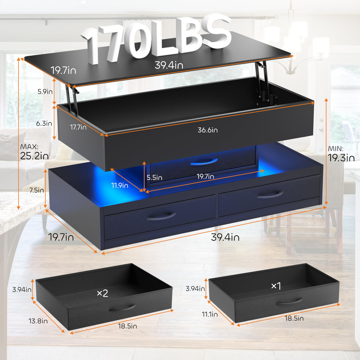 Oransail 40" Lift Top Coffee Table with 3 Fabric Storage Drawers and Hidden Compartmen, LED Coffee Table, Farmhouse Coffee Tables for Living Room, Dining Room