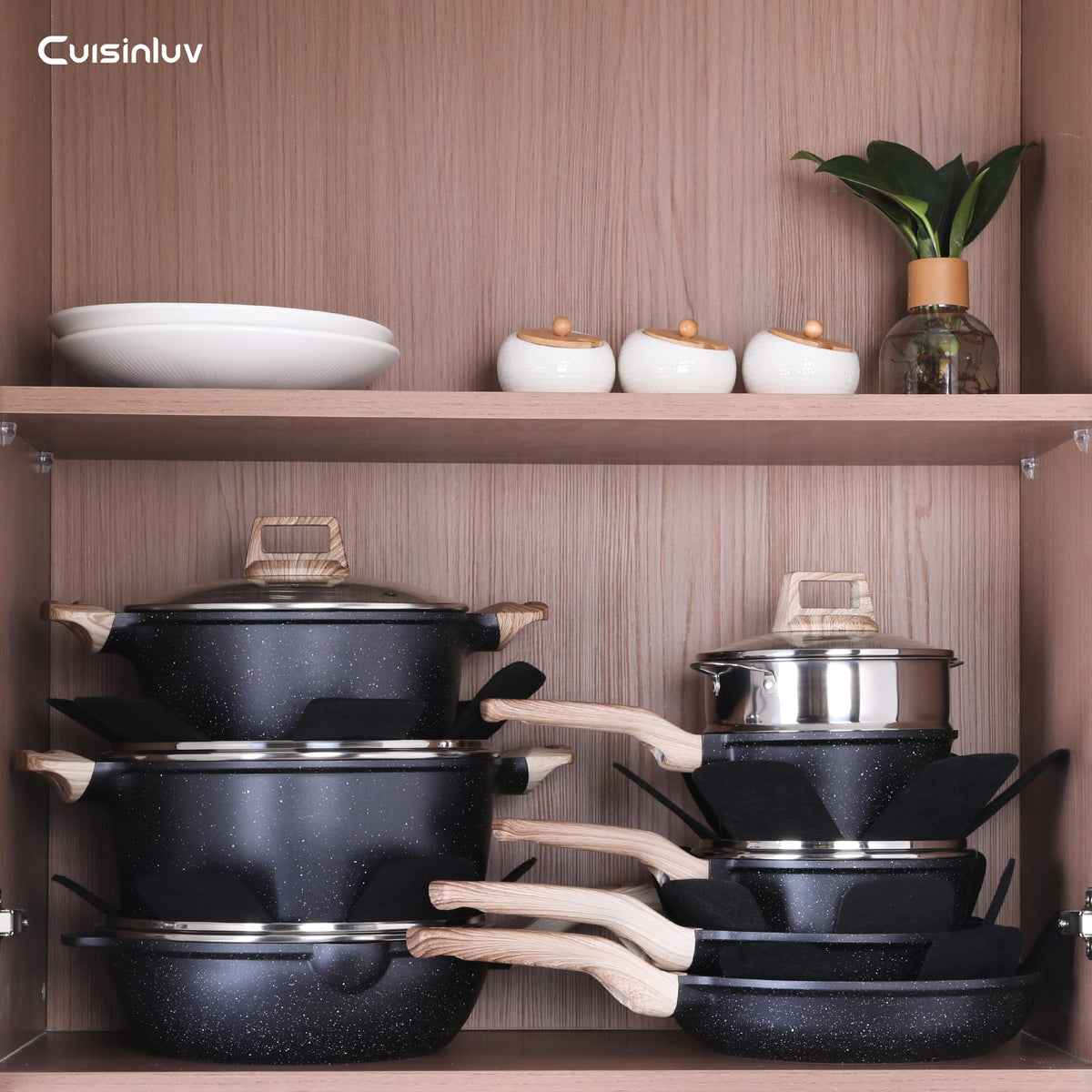 Cuisinluv 23Pcs Pots and Pans Set Non Stick, Kitchen Cookware Sets, Granite Stone Induction Cookware Non Stick Cooking Set w/Frying Pans, Saucepans, Sauté Pan, Griddle Pan, Egg Pan, Black
