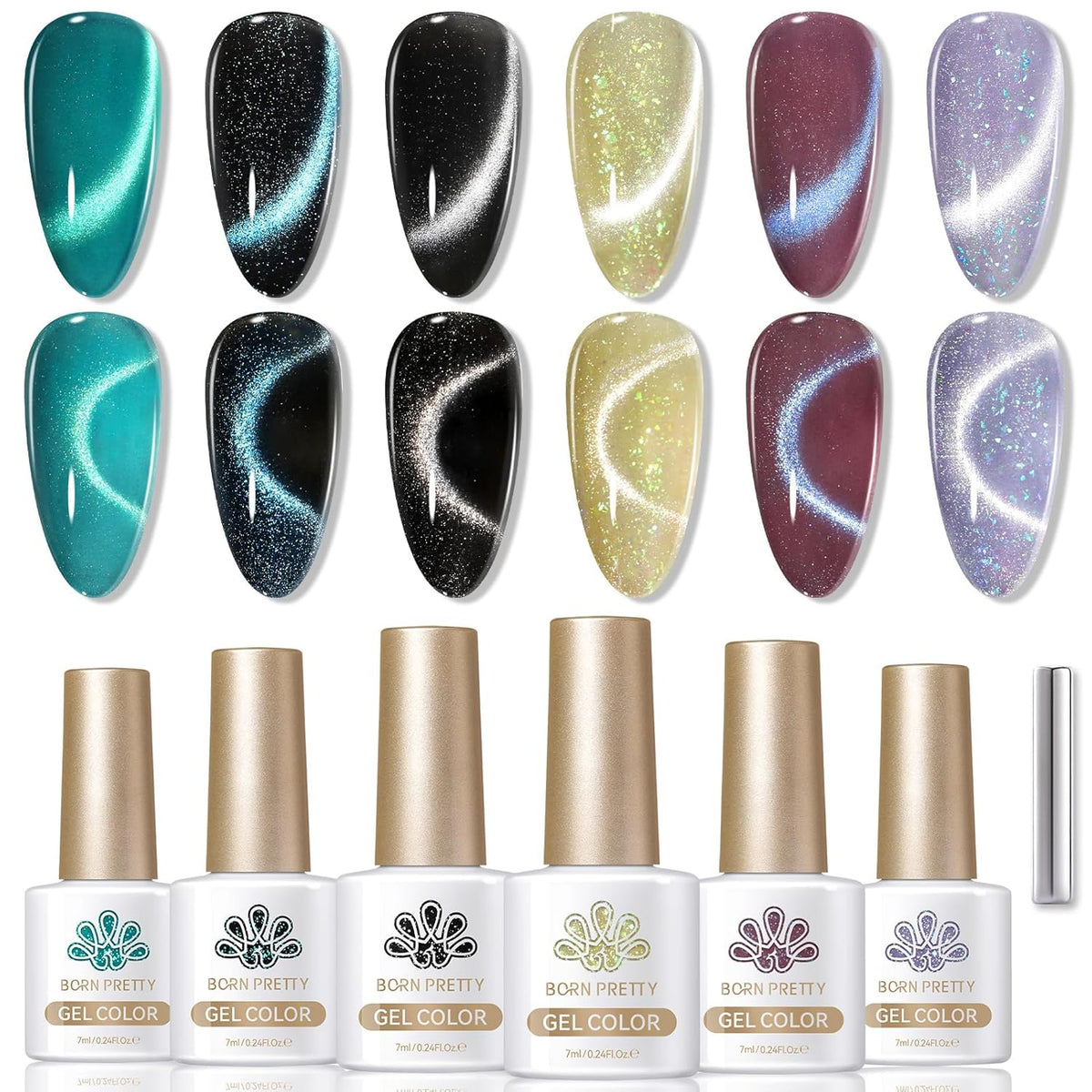 Born Pretty Cat Magnetic Eye Gel Nail Polish, 6 Colors 9D Magnetic Glitter Gel Polish Set Black Blue Purple Green Nail Polish Kit Soak Off LED Nail Art DIY Salon Gift