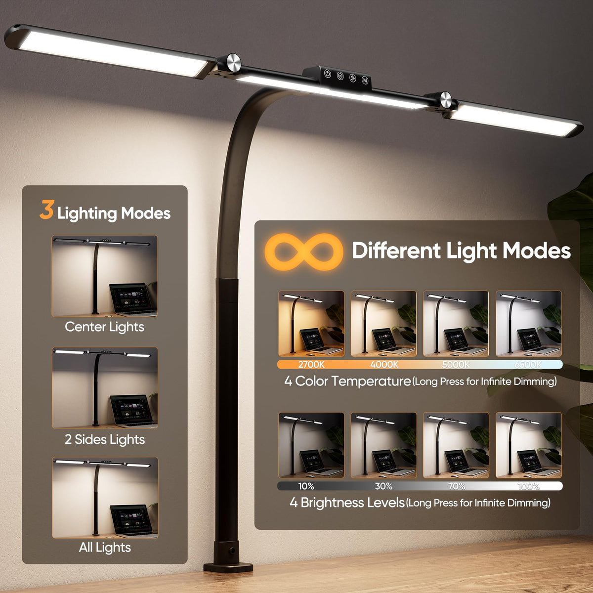 Large Desk Lamps for Home Office, 39.3" Architect Desk Lamp with Clamp, 24W Ultra Bright LED Desk Light Stepless Dimming Eye-Caring Office Desk Lamp for Study Work