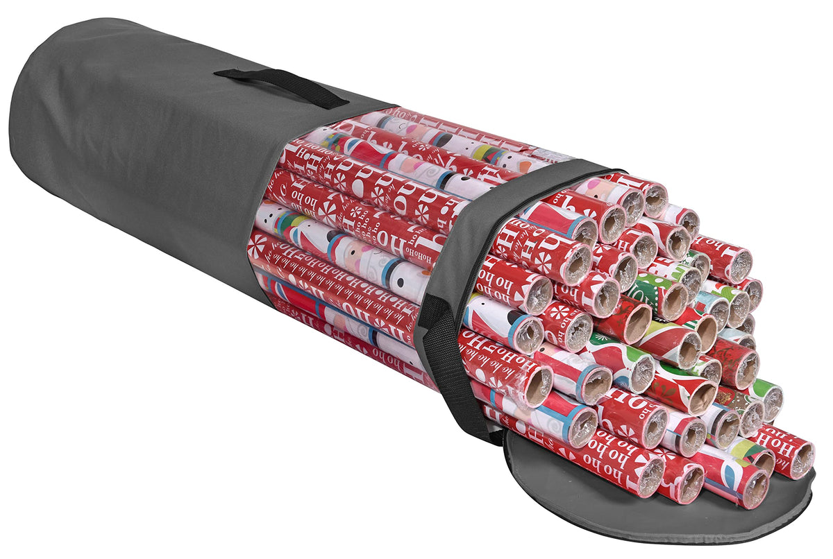 ProPik Gift Wrapping Paper Storage Organizer Bag, Store Up To 25 Rolls 40 Inch, Heavy Duty Polyester plus PVC Clear Bag With Handles And Zippered Top For Holiday Gift Wrap And Ribbons (Grey)