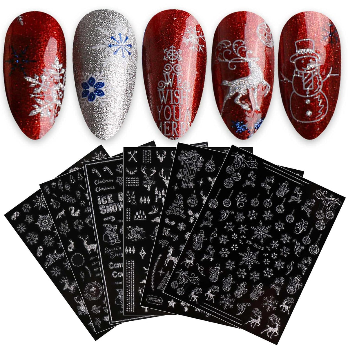 JMEOWIO 9 Sheets Christmas Glitter Nail Art Stickers Decals Self-Adhesive Snowflake Winter Holiday Silver Nail Supplies Nail Art Design Decoration Accessories