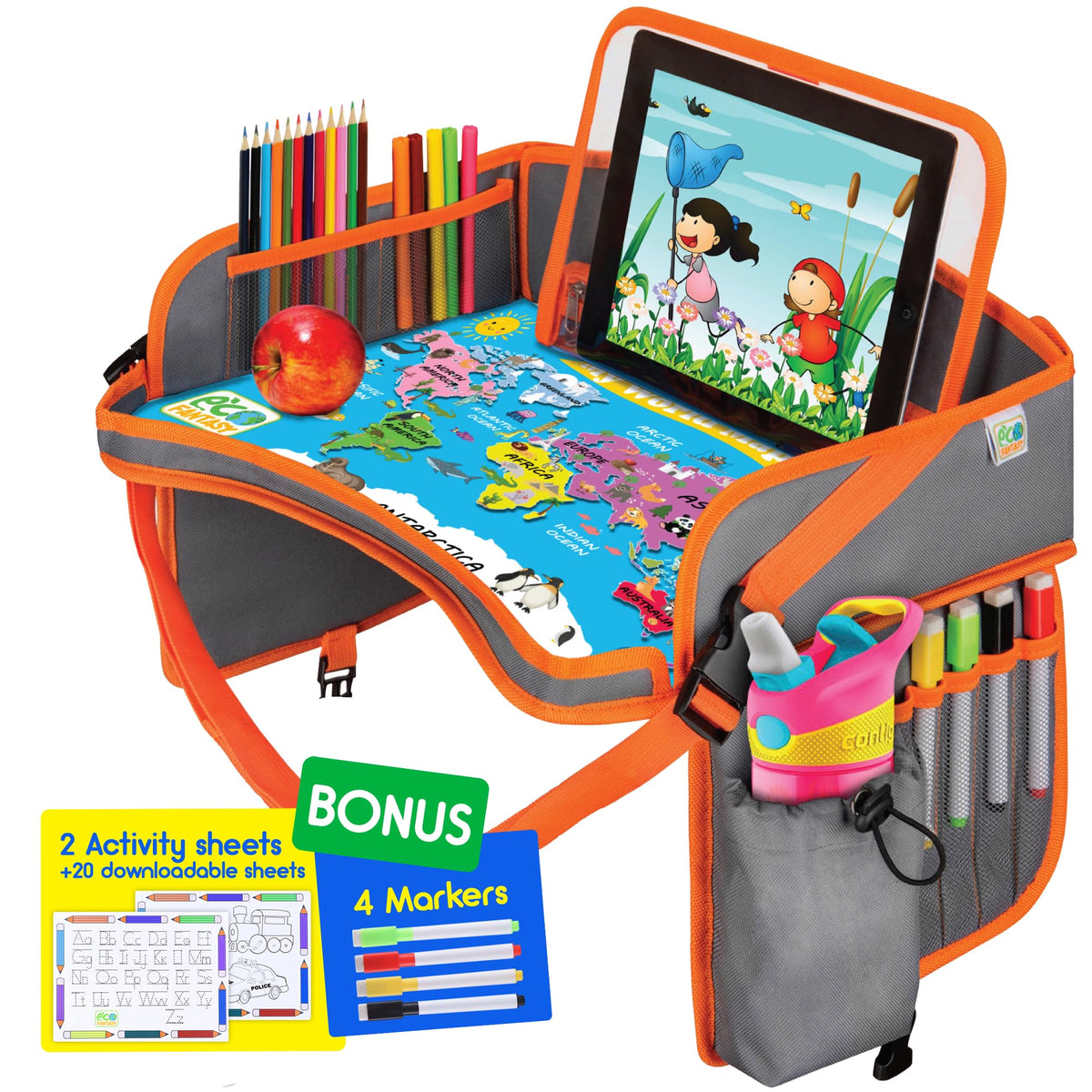 Car Seat Tray for Toddler - Waterproof Carseat Table Top - Kids Travel Tray - Travel and Road Trip Essentials Kids - Lap Desk with Storage -Baby Airplane Travel Accessories (Black)