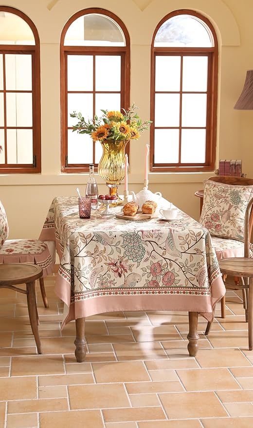 patdrea Designer Pink Linen Table Cloth for Rectangle Table,Vintage Floral with Birds Pattern Decorative Tablcloth,French Table Cover for Kitchen Dining,Thanksgiving,Christmas,67"x118"-Kulom a