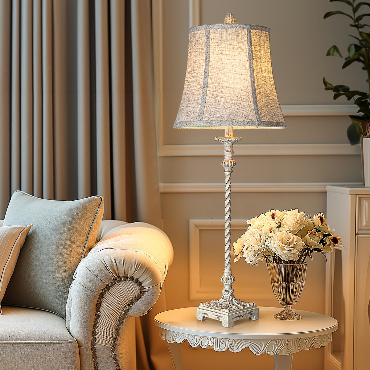LuxSight European Country Vintage Style Candle Stick Buffet Table Lamps Set of 2, 33'' Tall Ivory White Linen Fabric Soft Bell Shade Stepless Dimming for Living Room Bedroom Dinning House Study Room