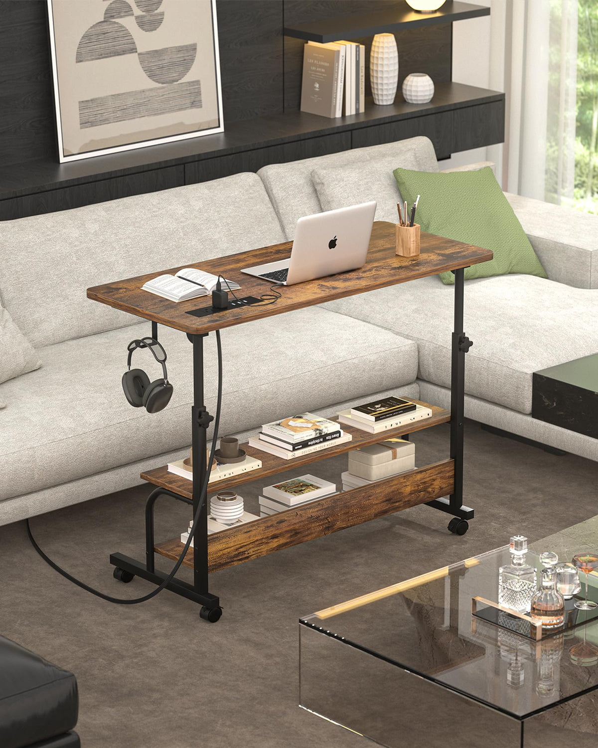 Armocity Height Adjustable Standing Desk with Power Outlets, 32" Manual Stand Up Desk with Storage Shelves Small Mobile Rolling Computer Desk Portable Laptop Table with Wheels for Home Office, Rustic