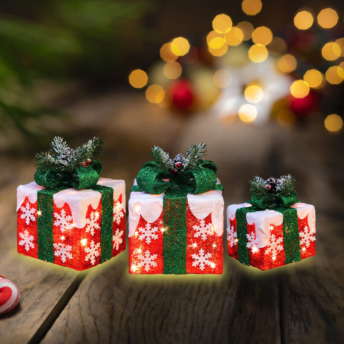 GLOWNOVA [Large 10"x8.5"x6.5" Christmas Set of 3 Lighted Gift Boxes Decorations Pre-lit 70 Super-Bright LED with Flashers,for Indoor Outdoor Christmas Tree Skirt Ornament Pathway Holiday Party Home