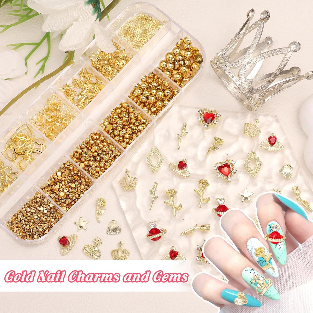2 Boxes Metal Gold Nail Charms and Gems, 3D Alloy Crown Heart Planet Nail Gems Charms, Golden Bows Star Nail Studs, Gold Pearls Beads for Nails Art Designs DIY Accessories