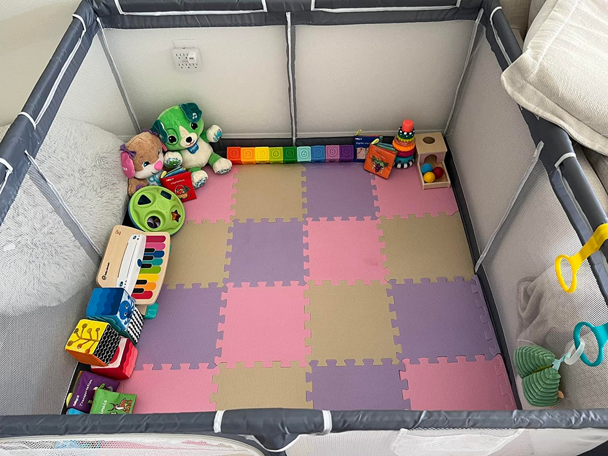 TOYVELT Ultimate Foam Play Mat Set 12x12-16 Interlocking Floor Tiles for Kids - Non Toxic, Colorful Foam Puzzle Mats - Safe and Durable - Ideal Play Mat for Toddlers 1-3 - Pink-Purple-Beige