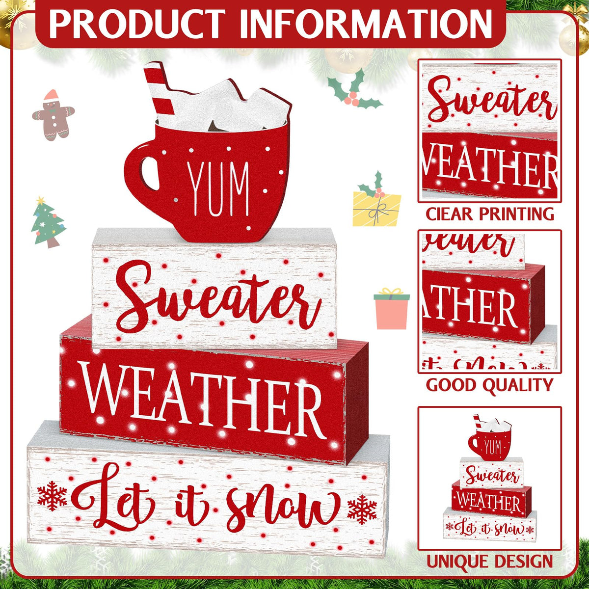 Marsui 4 Pcs Christmas Wooden Tabletop Decor Neutral Christmas Decor Rustic Wooden Hot Cocoa Block Sign Cozy Winter Decorations Gift Farmhouse Xmas Table Centerpiece for Home Office Desk Tiered Tray