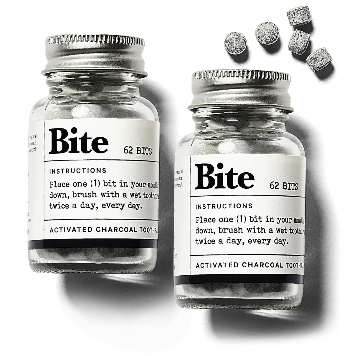 Bite Whitening Toothpaste Tablets – Nano Hydroxyapatite & Xylitol (Mint) | Sensitive Teeth Friendly | No Fluoride, Vegan, Cruelty-Free | Travel-Size | 2 Bottles (124 Bits) | Made in USA