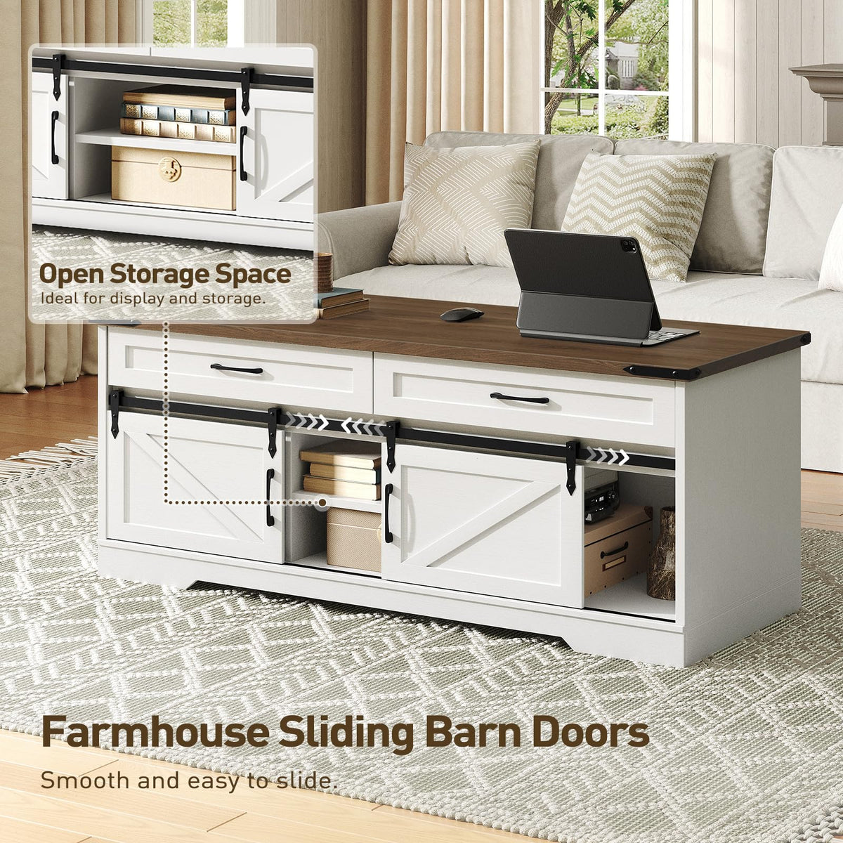 RALGEND 47" Farmhouse Coffee Table with Storage and Sliding Barn Doors, Large Rustic Center Table with 2 Drawers & Open Compartments, Wooden Coffee Table for Living Room, White and Walnut