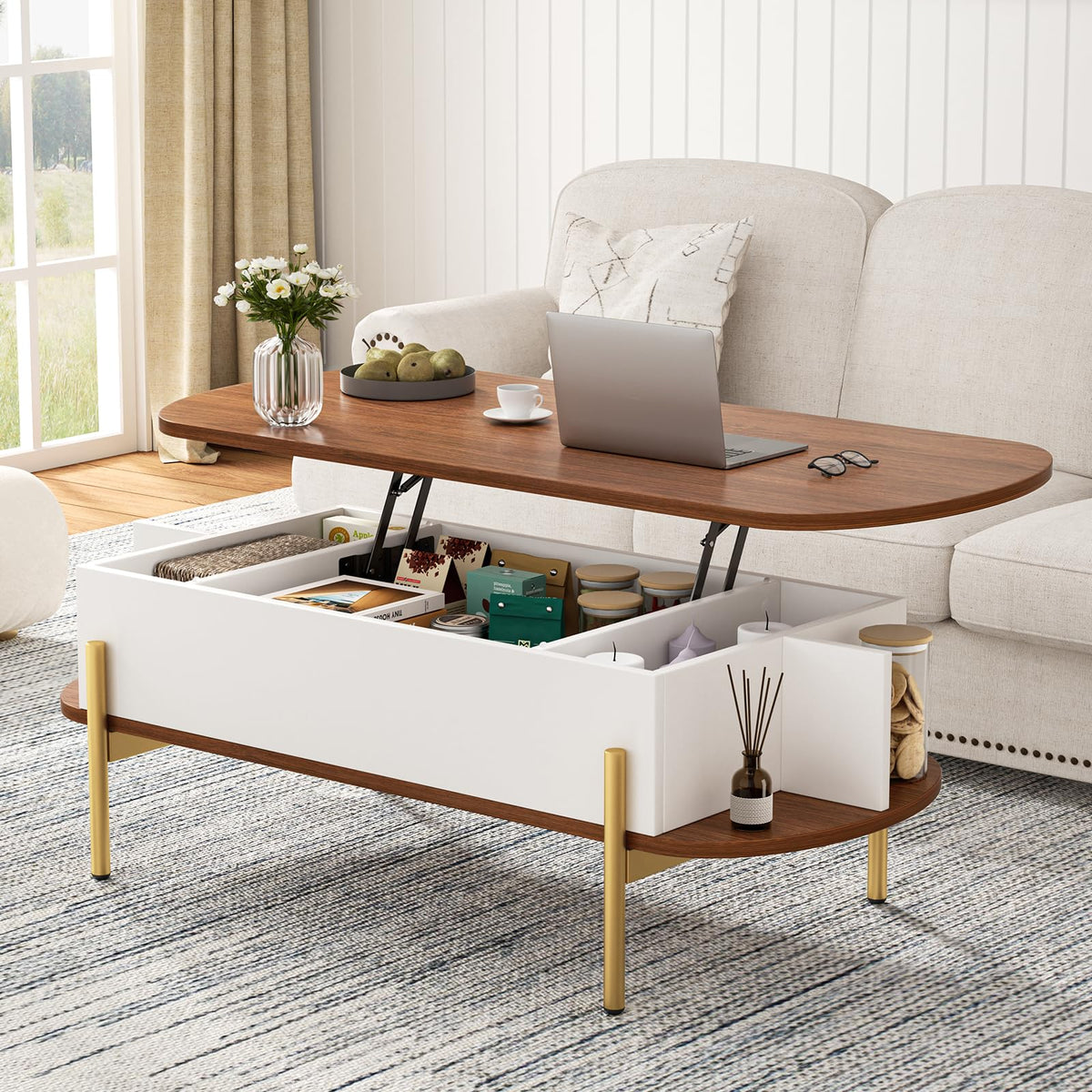 ALLSTAND 48" Oval Lift Top Coffee Table with Storage Metal Legs & Large Hidden Compartment, Coffee Tables with Lifting Top with Open Shelf, Lift Coffee Table with Wooden Lift Tabletop for Living Room