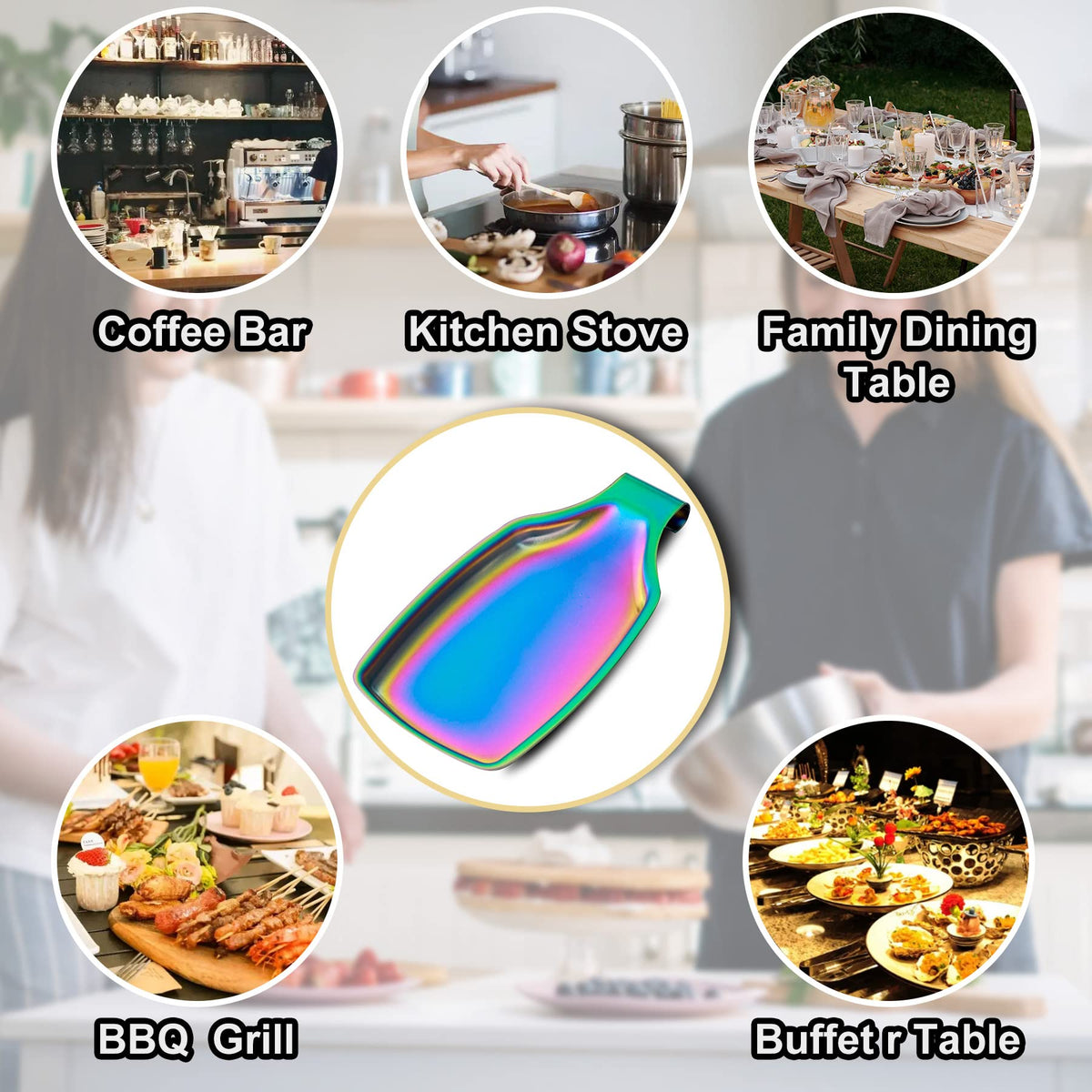 BETTWILL Rainbow Spoon Rest for Stove up, Stainless Steel Spoon Holder For Kitchen Counter, Large Spoon Rest, Spatula Spoon Ladle Utensil Holder, Dishwasher Safe, Rainbow Kitchen Accessories