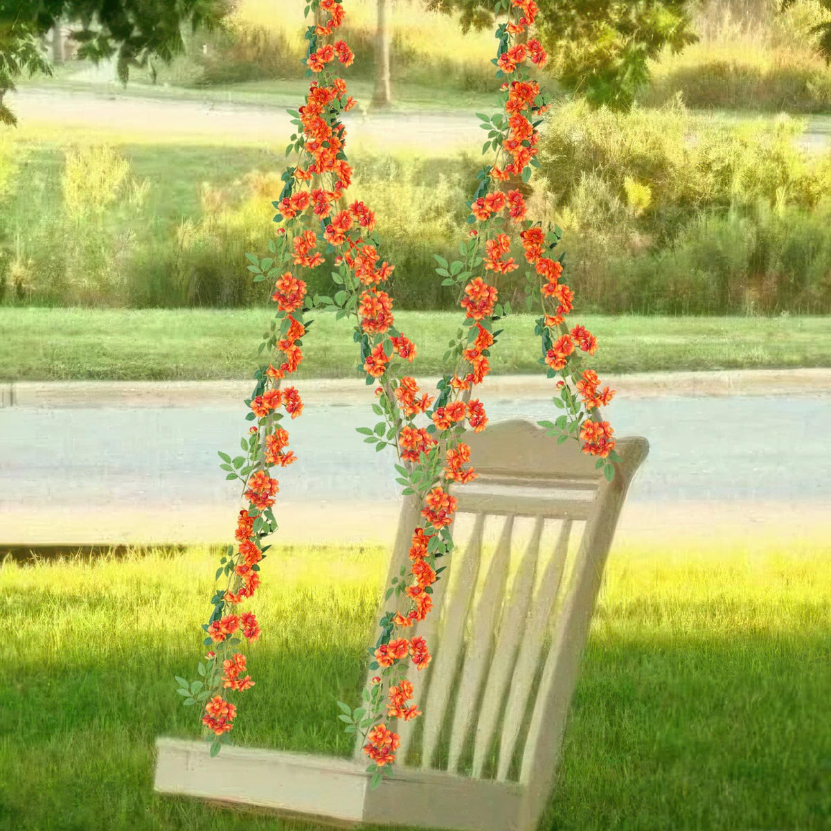 GhuaH 2 Pcs Artificial Flowers Garland for Outdoors Orange Faux Gardenia Garland 12Ft Silk Rose Hanging Vines Floral for Wedding Arch Party Wall Garden Ceremony Backdrop Fence Spring Decor
