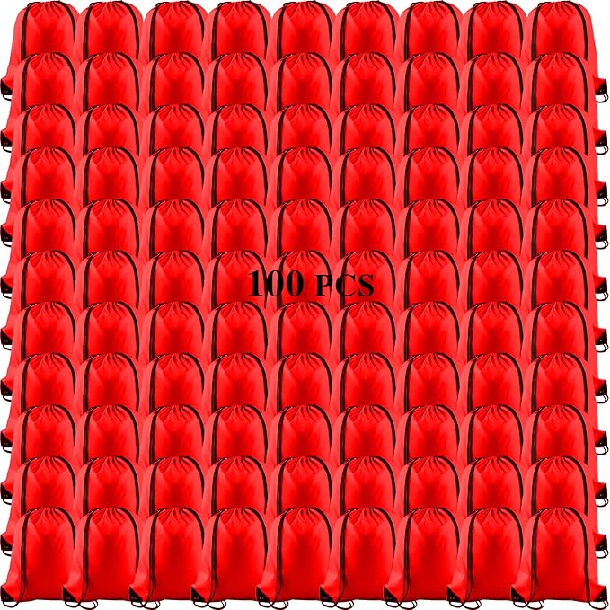 KUUQA 100Pcs Red Drawstring Backpack Bag Sack Drawstring Bags Bulk String Bags Storage Bags for Sport Gym Traveling