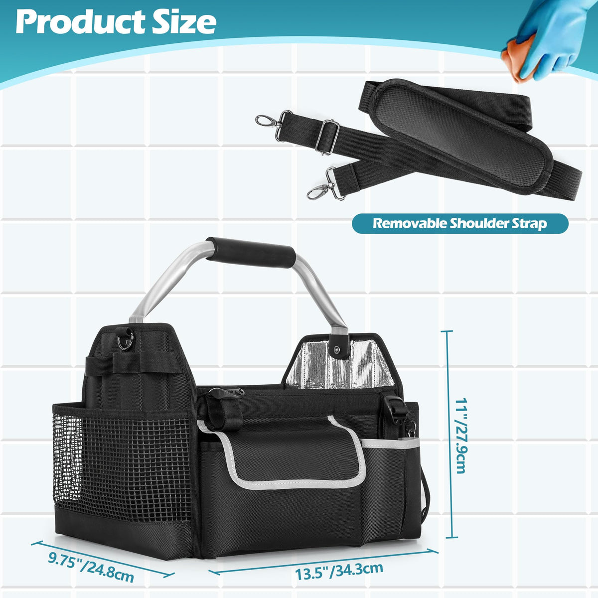 HODRANT Wearable Cleaning Caddy Organizer, Cleaning Supplies Bag with Divider & Support Pad, Cleaner Tote with Handle & Detachable Shoulder Strap, Housekeeping Storage Box with Multi Pockets, Bag Only