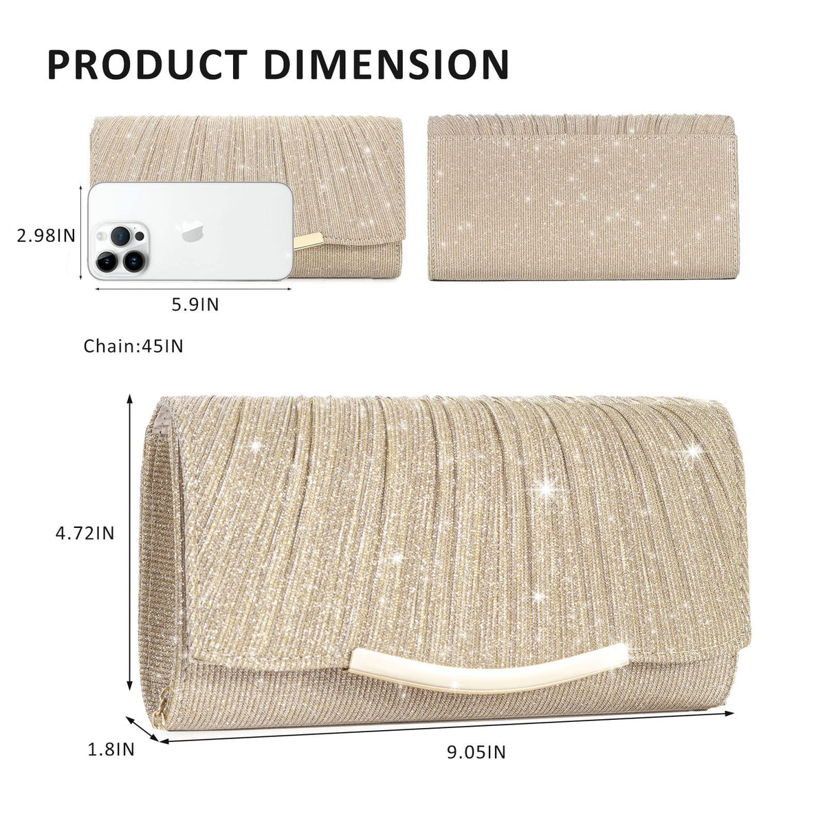 Eidsefe Evening Bag Clutch Purses for Women Wedding Bag Sparkling Party Handbag with Detachable Chain