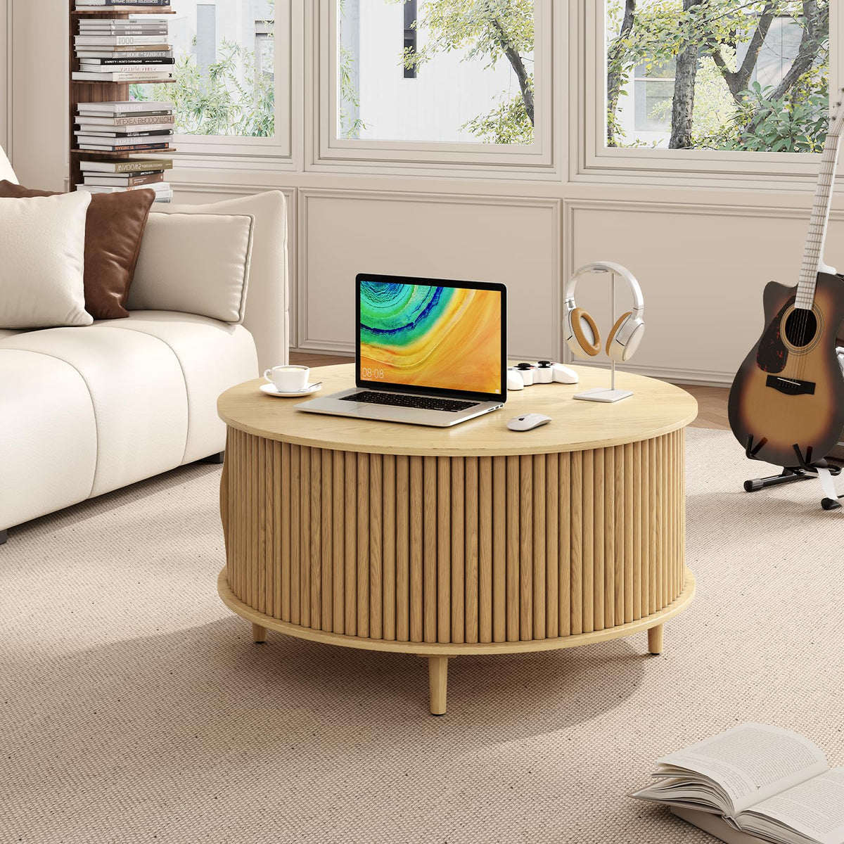 JOINICE,Round Coffee Table with Storage,Fluted Lift Up Coffee Table with Sliding Cabinet Door for Living Room,Home Small Space,31.5" Drum Center Table,Oak