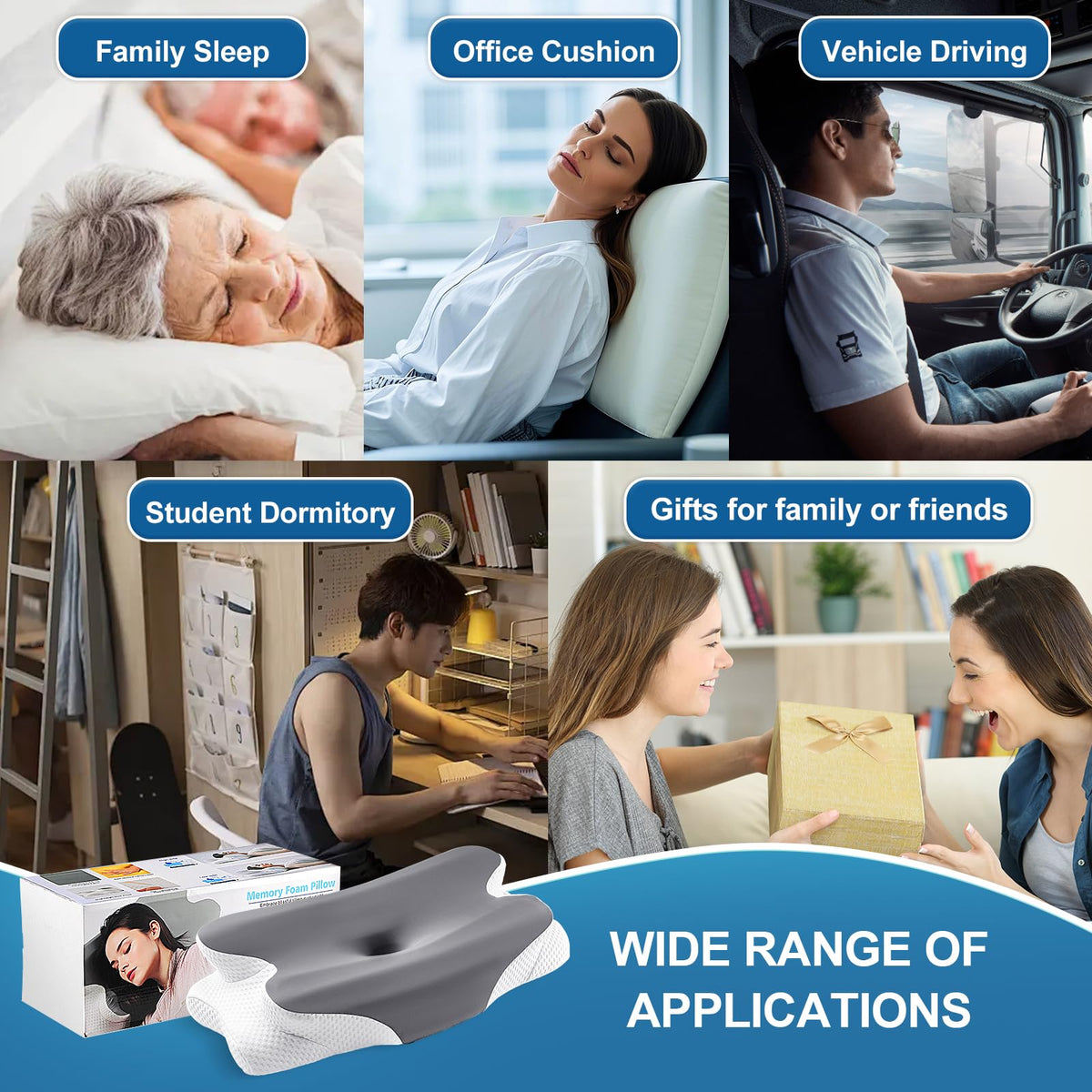 Cervical Neck Pillow for Pain Relief, Ergonomic Neck Support Pillow for Sleeping, Cooling Memory Foam Pillow, Contour Orthopedic Bed Pillow for Back Side Stomach Sleepers with Pillowcase