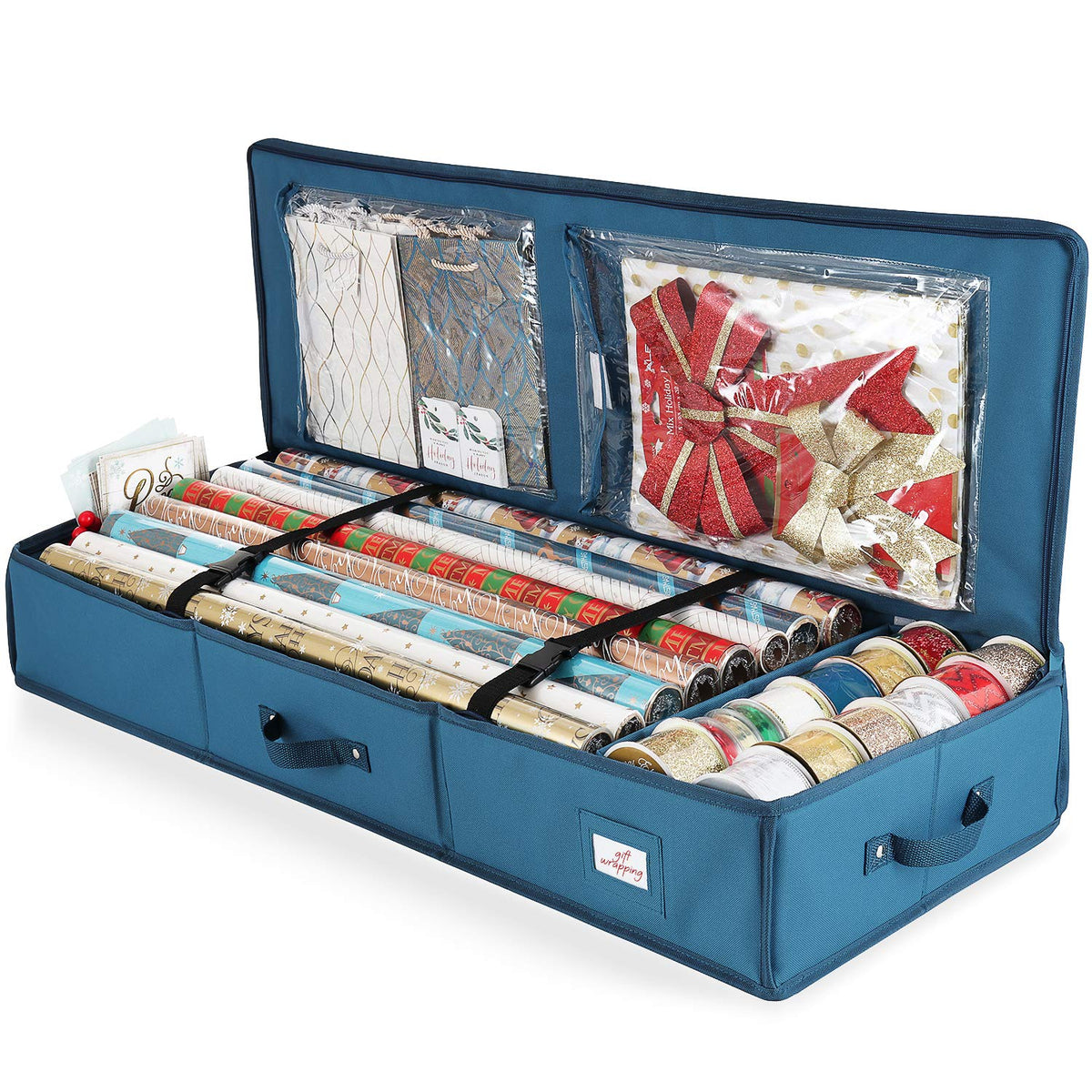 Hearth & Harbor Wrapping Paper Storage Container - Christmas Storage Bag with Interior Pockets - Gift Wrap Organizer Fits Up to 22 Rolls of 40" - Tear Proof, Blue