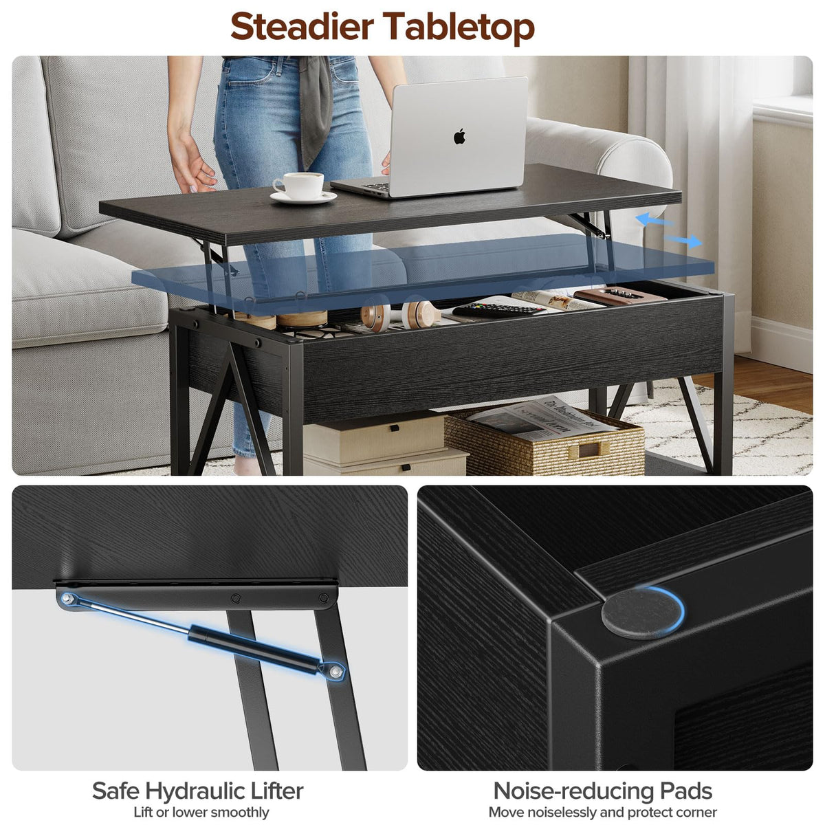 Memobarco Lift Top Coffee Table with Storage Shelf and Hidden Compartment for Small Spaces, Black