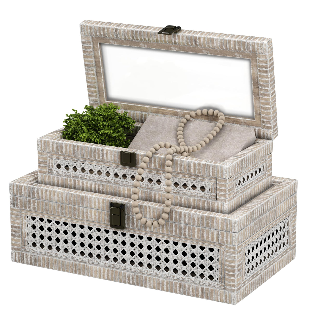 Fllamo Rattan Decorative Box,Boho Display Boxes with Lids,Set of 2 Rectangular Wicker Storage Decoration,Natural Woven Cane Bins for Home Decor for Rustic Farmhouse(White)