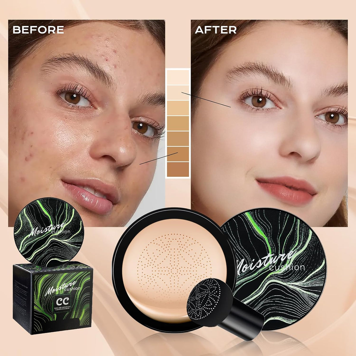 Mushroom Head Air Cushion CC Cream - BB Cream Foundation Makeup Moisturizing Concealer Long-Lasting, Cushion Foundation Full Coverage Self Adjusting for Mature Skin & All Skin Types (Buff Beige)