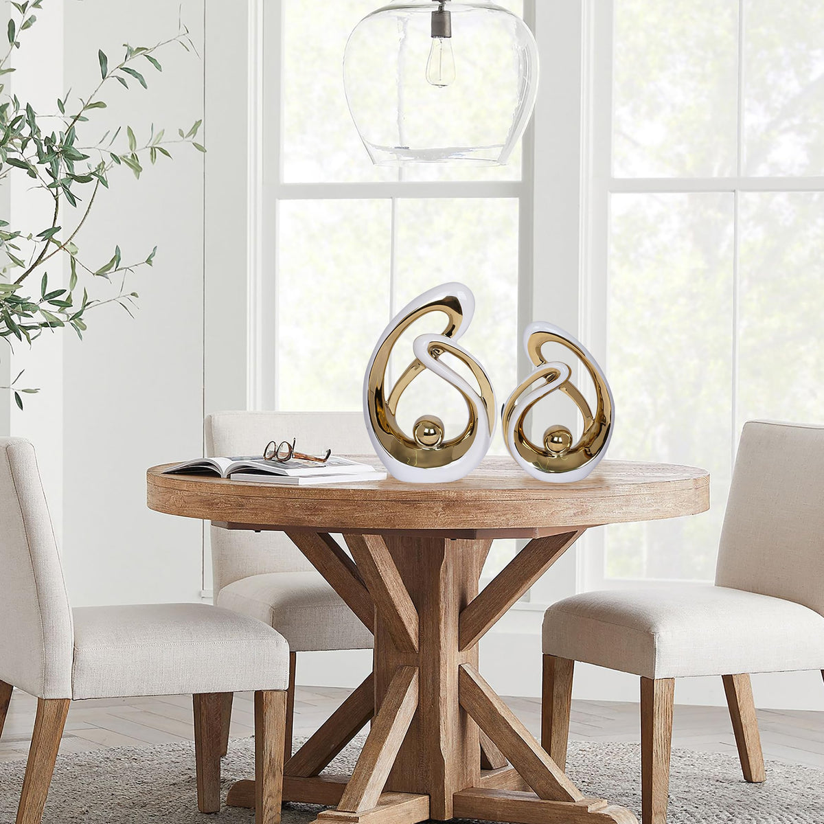 2 PCS White Gold Decor Accent Ceramic Statue White Mid Century Modern Home Decor Accents Sculpture Decorations Centerpieces for Living Room Bookshelf Shelf Coffee Table Kitchen Office Dining Table