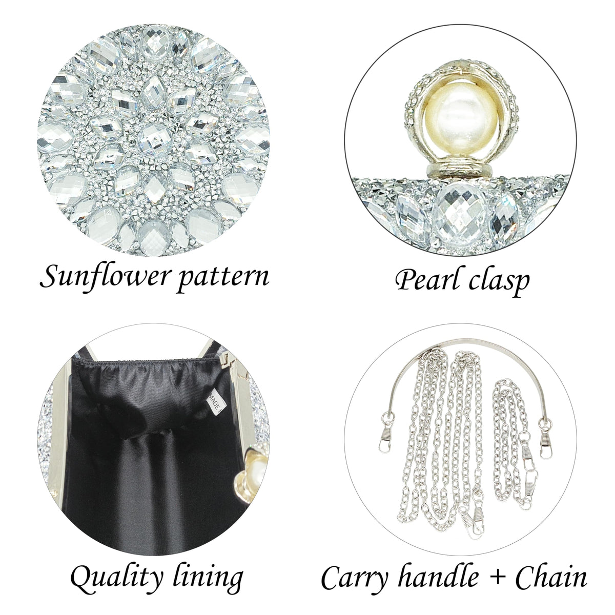 MAIRLOM Rhinestone Clutch Purses for Women Evening Wedding Formal - Pearl Clasp Handbag Crystal Gemstone Bag for Party Prom(Solid Silver)