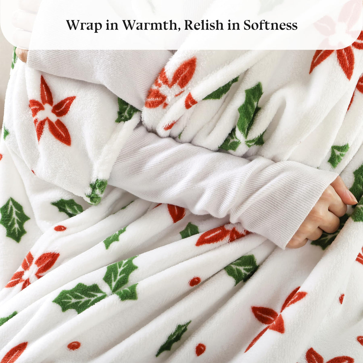 Fleece Print Throw Blanket, Super Soft Plush Cozy Fuzzy Red Floral and Green Leaves Printed Throw Blankets for Couch Sofa Bed, and Home Décor, Microfiber Flannel, All Seasons 50x60 Inches