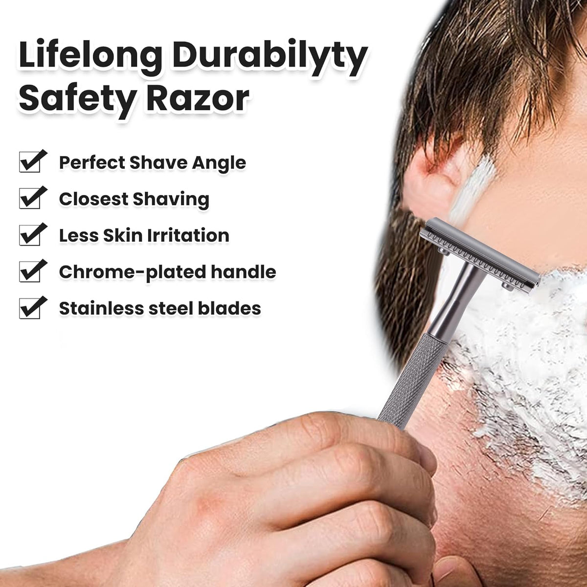 Double Edge Razor With Stand and 10 Premium Stainless Steel Blade Safety Razors For Men Shaving Razor, Matte Black Double Edge Safety Razor, Gun Black