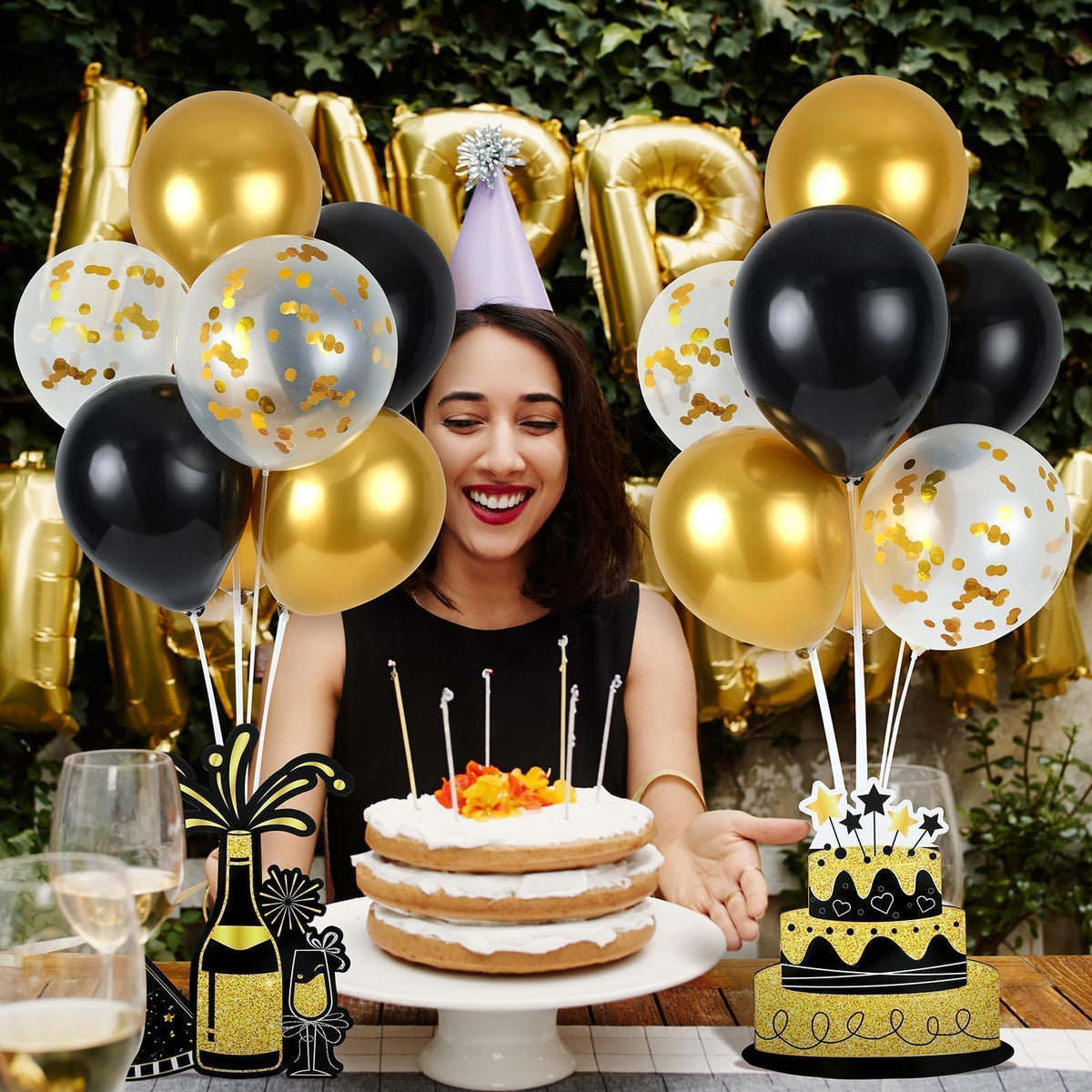 6 Sets Balloon Stand Kit for Table Happy Birthday Black Gold Balloon Centerpiece Decor Black and Gold Balloon Stand Kit for 40th 50th 60th 70th Birthday Party Decoration