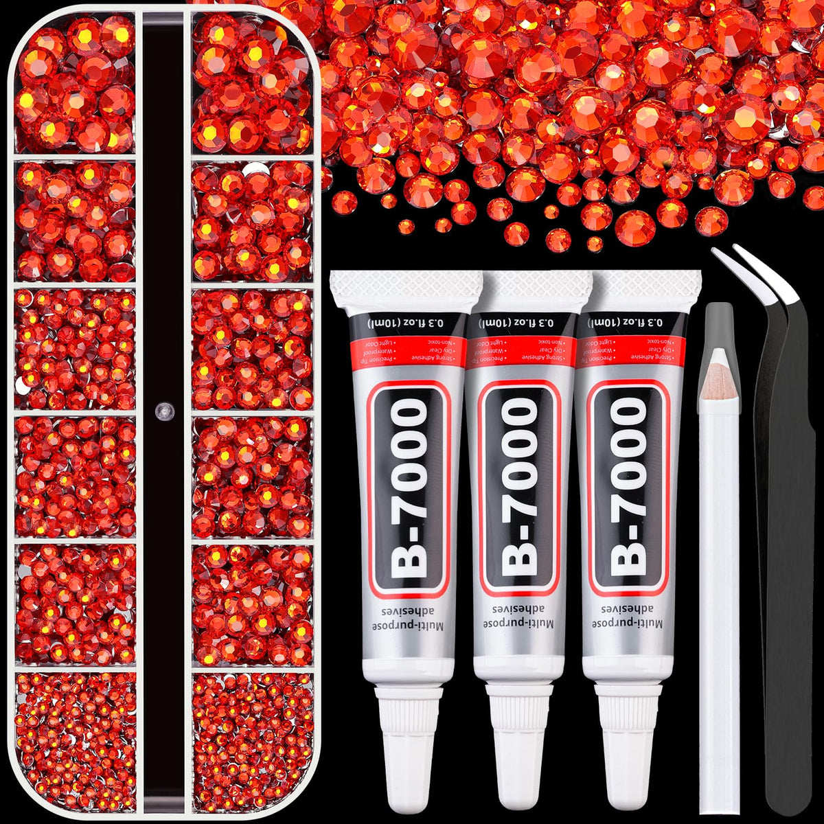 Resin Rhinestones for Crafting with B7000 Jewelry Glue, 1 Box Red Zircon Flatback Crystals with 3Pcs 10ml Glue for Bedazzling Crafts DIY Nail Art Makeup，Non Hotfix Gems for Clothing Shoes