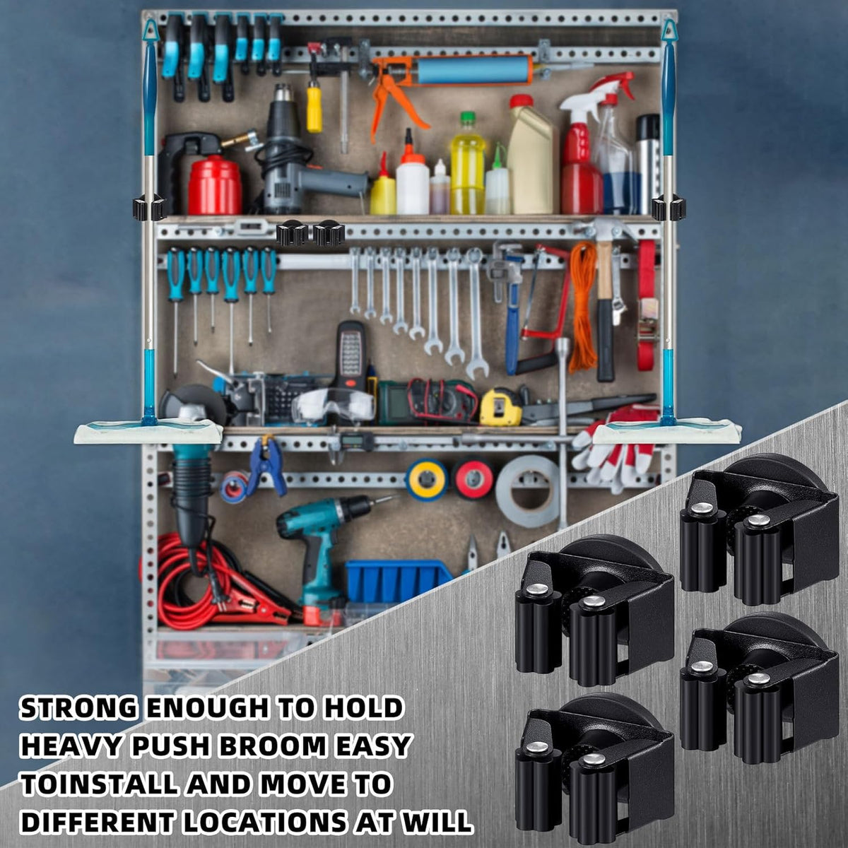 8 Pcs Magnetic Mop Broom Holder Movable Magnetic Broom Holder Rack, Anti Slip Wall Mounted Utility for Cleaning Tools, Garage, Kitchen, Laundry, Garden (Black)