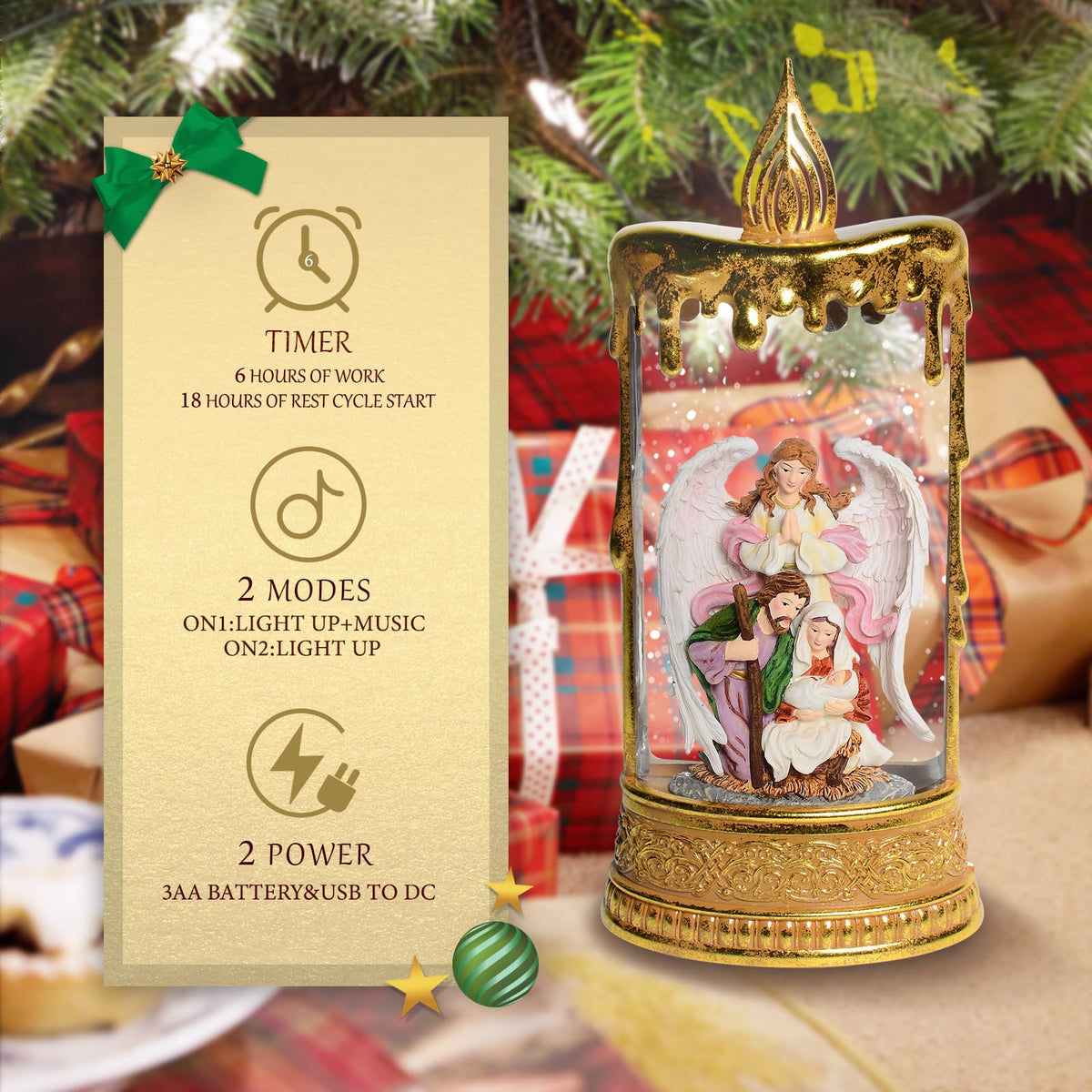 Christmas Snow Globes, 11.8" Nativity Glitter Water Lantern with Song, 6H Timer Battery & USB Powered Music Box for Christmas Decorations Indoor