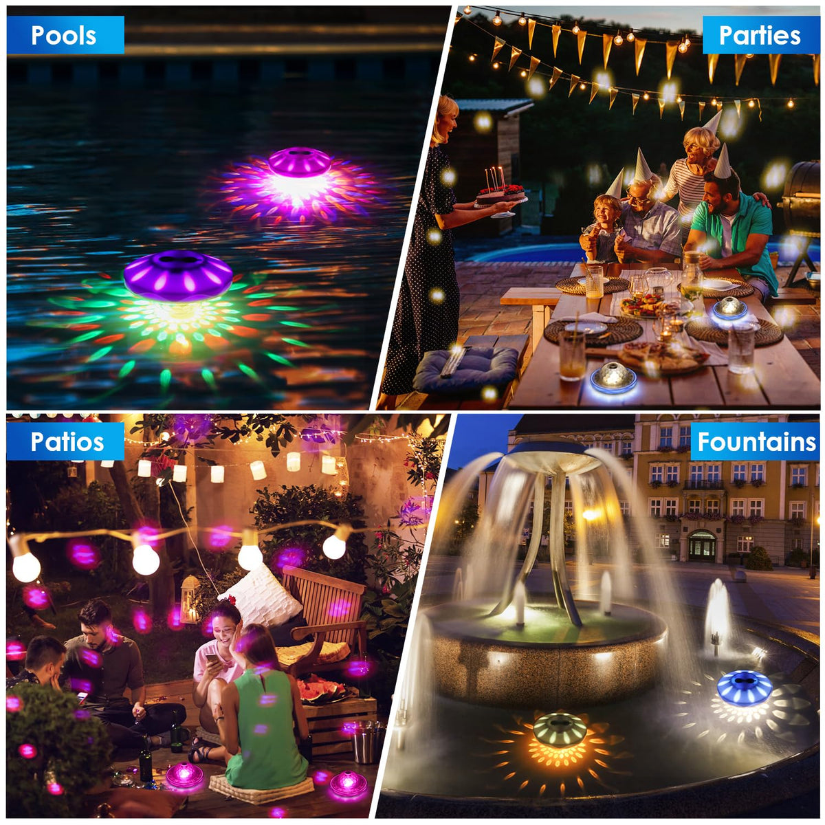 QOLNBY Floating Pool Lights, Pool Light with 6 Dynamic Lighting Effects, IP68 Waterproof Pool Lights That Float, Rechargeable RGB Upper and Lower Color Changing Lights for Hot Tub, Patio 4 Pack