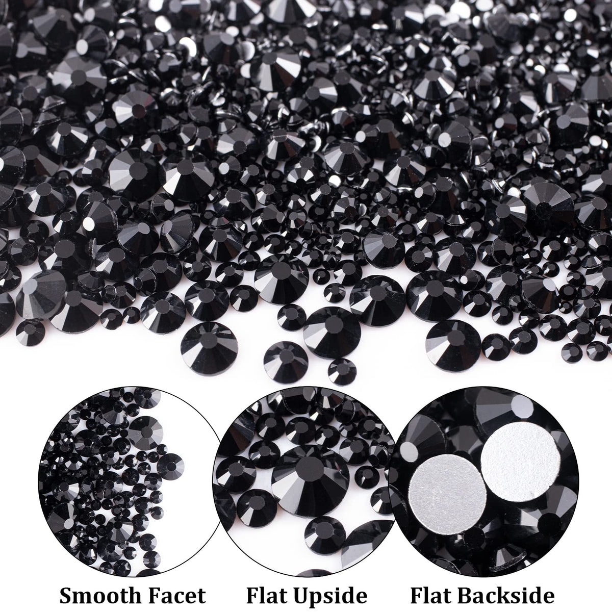 One Pack 2000 Pcs of Flatback Round Black Rhinestones 6 Sizes (1.5-6 mm) with Nail Art Rhinestone Picker Pencil and Tweezers for DIY and Salon Use