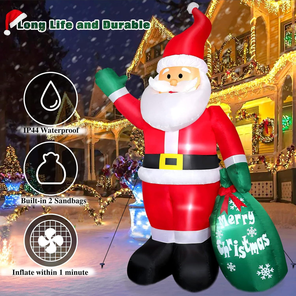 8 FT Christmas Inflatable Santa Claus Outdoor Decors for Yard, Xmas Blow up Santa Decoration with Big Gift Bag, Built-in LED Lights for Garden Patio Lawn Home Indoor Outside Winter Holiday Party