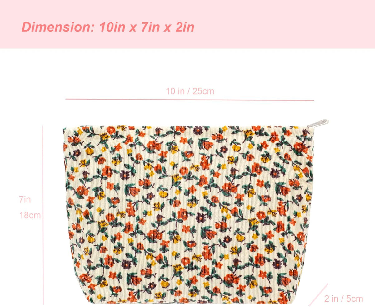 PAZIMIIK Makeup Bag Large Zipper Corduroy Make Up Pouch for Purse Travel Canvas Cosmetic Organizer for Women Brush Storage,Floral White