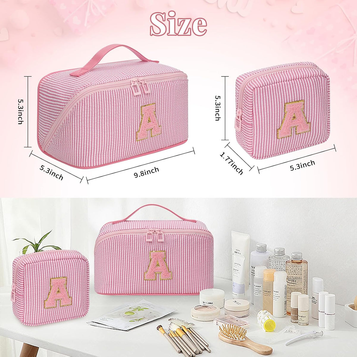 Travel Makeup Bag for Women, 2Pcs Portable Personalized Initial Makeup Organizer Bag, Open Flat Large Cosmetic Bag With Travel Essential Pouch (Pink Letter X)