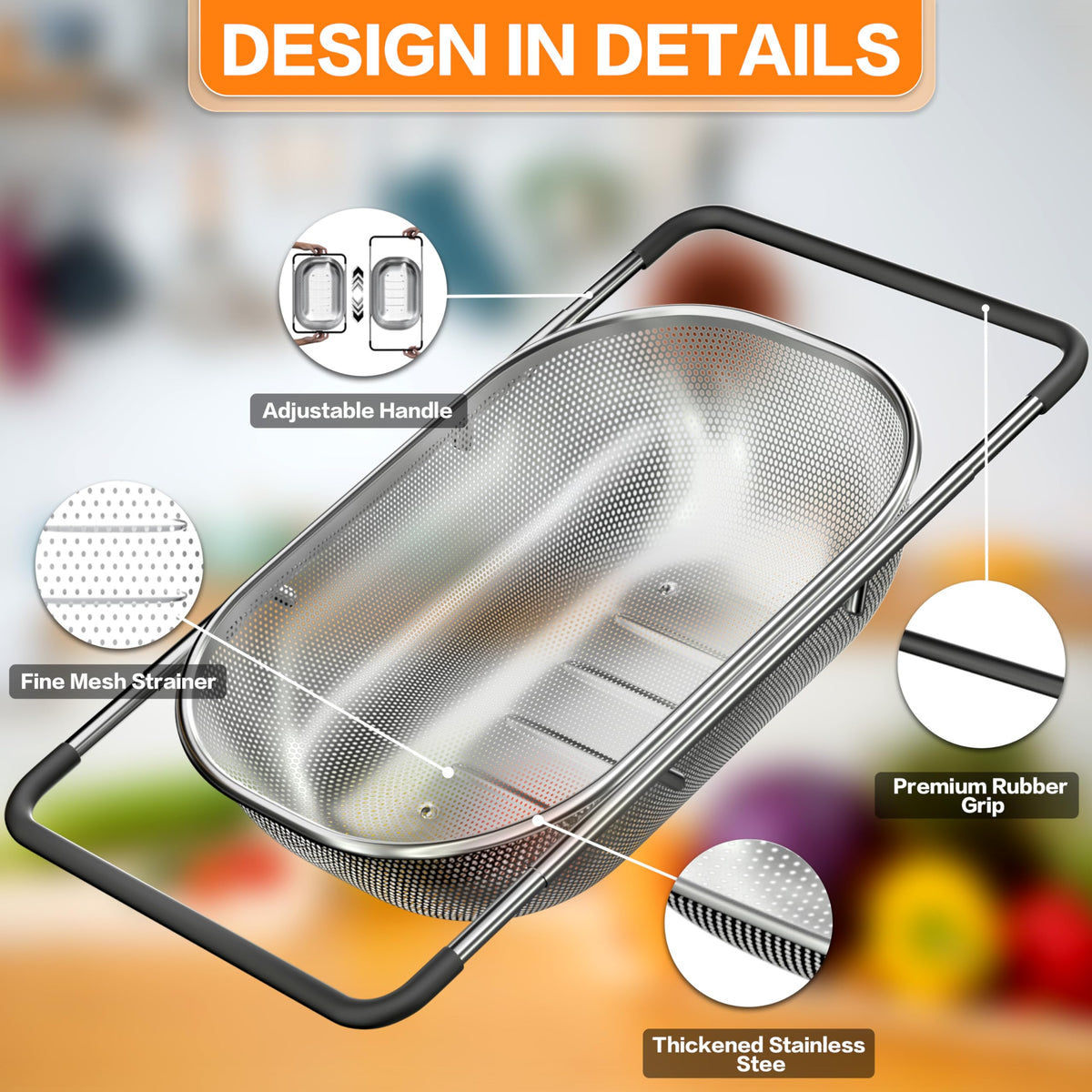 Over the Sink Colander - Strainers and Colanders - Sink Strainer Basket - Expandable Fine Mesh Strainer with Rubber Grip for Veggie, Fruits, Pasta, Home Kitchen Essentials (9.5W x 13.4-21.3L x 3.3H)