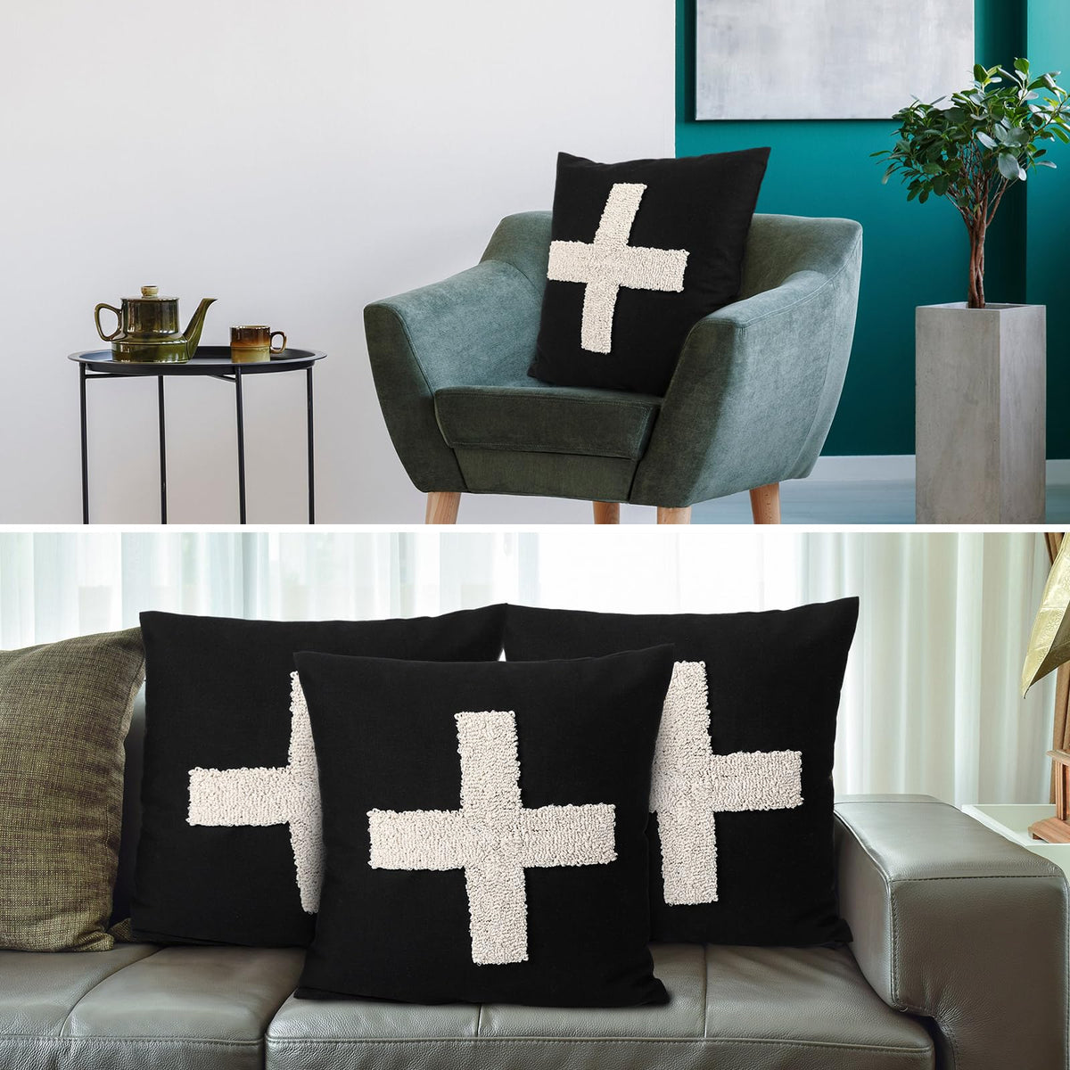 Suzile 2 Pcs Black Pillows with Swiss Cross Throw Pillows Plus Crosses Decorative Cushion for Couch Home Office Decor, 18 x 18 Inches