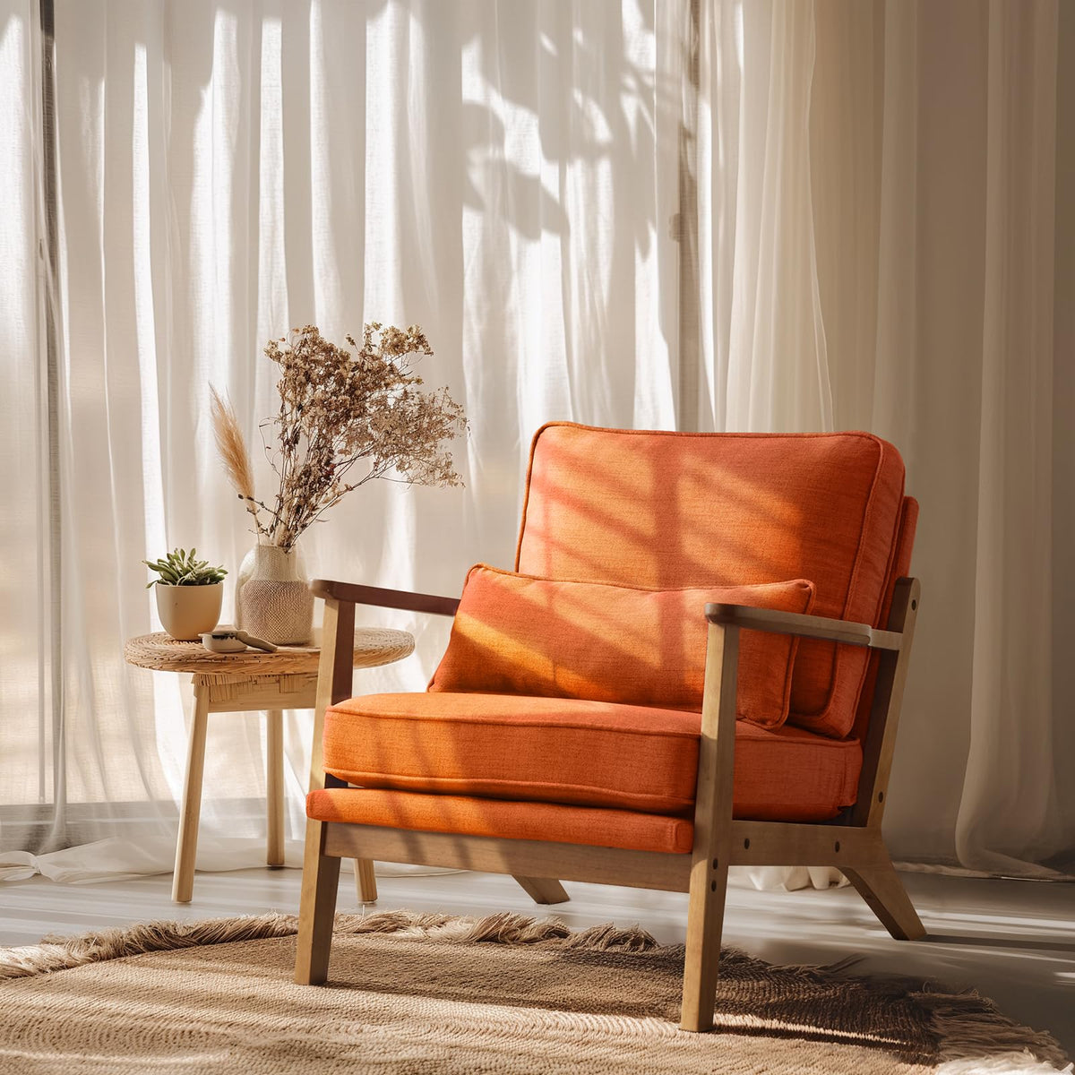 VINGLI Solid Wood Wide Armrests Accent Chair,Upholstered Mid Century Modern Chair with Pillow,Comfy Reading Chair Farmhouse Arm Chair,Chairs Living Room,Bedroom,Guest Room,Linen Fabric,Burnt Orange