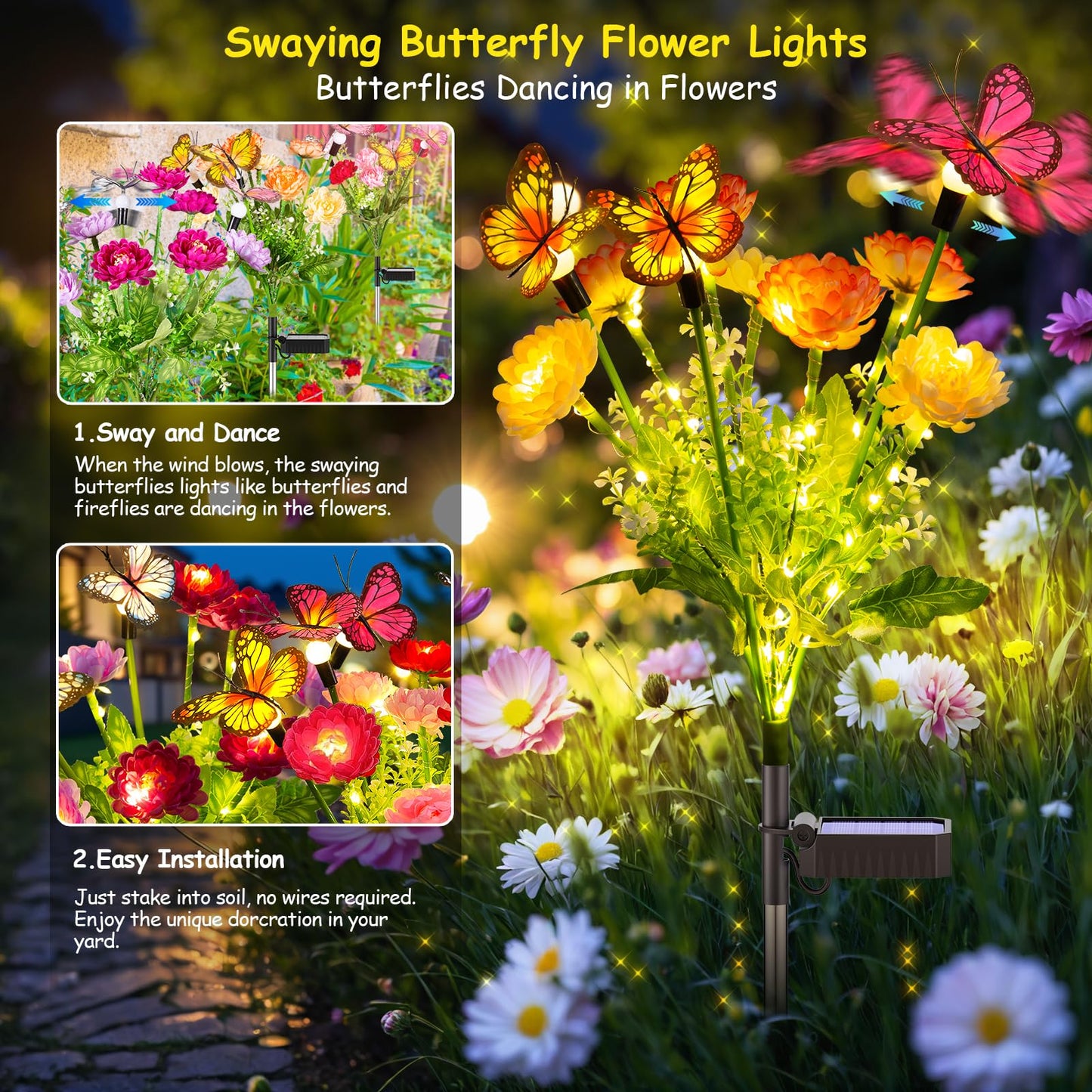 GARPAR Solar Garden Lights, 3 Pack Swaying Solar Lights with 9 Butterflies & 21 Blooming Flowers, Solar Flowers Lights Outdoor Waterproof, Solar Outdoor Lights for Yard Patio Garden Decor, Gift