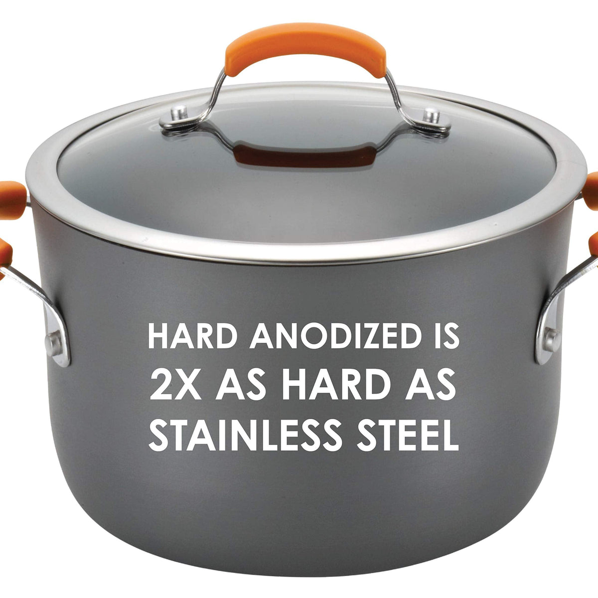 Rachael Ray Brights Hard-Anodized Aluminum Nonstick Cookware Set with Glass Lids, 10-Piece Pot and Pan Set, Gray with Orange Handles